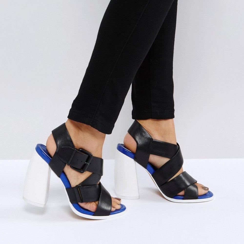 ASOS WHITE Tulipa Premium Leather Color Block Heeled Sandals